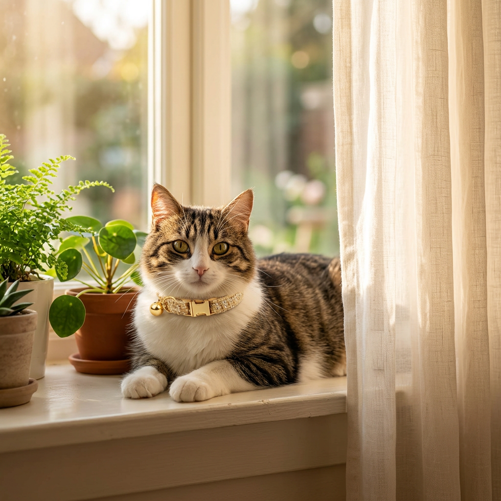 S Size Khaki Chic Tweed Pet Collar - Polyester with Gold Bell and Adjustable Buckle - Soft Lightweight Neckwear for Cats and Small Dogs, 16-26cm Fit