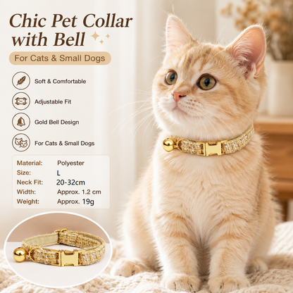 L Size Khaki Chic Tweed Pet Collar - Polyester with Gold Bell and Adjustable Buckle - Soft Lightweight Neckwear for Cats and Small Dogs, 20-32cm Fit