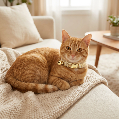 L Size Khaki Chic Tweed Pet Collar - Polyester with Gold Bell and Adjustable Buckle - Soft Lightweight Neckwear for Cats and Small Dogs, 20-32cm Fit