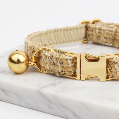 L Size Khaki Chic Tweed Pet Collar - Polyester with Gold Bell and Adjustable Buckle - Soft Lightweight Neckwear for Cats and Small Dogs, 20-32cm Fit
