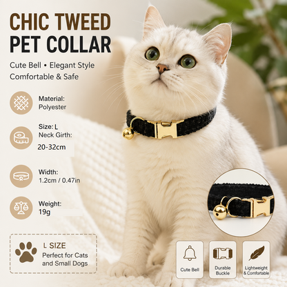 L Size Black Chic Tweed Pet Collar - Polyester with Gold Bell and Adjustable Buckle - Soft Lightweight Neckwear for Cats and Small Dogs, 20-32cm Fit