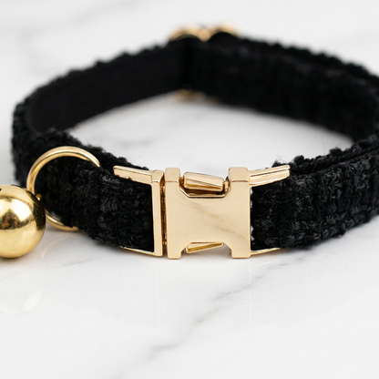L Size Black Chic Tweed Pet Collar - Polyester with Gold Bell and Adjustable Buckle - Soft Lightweight Neckwear for Cats and Small Dogs, 20-32cm Fit