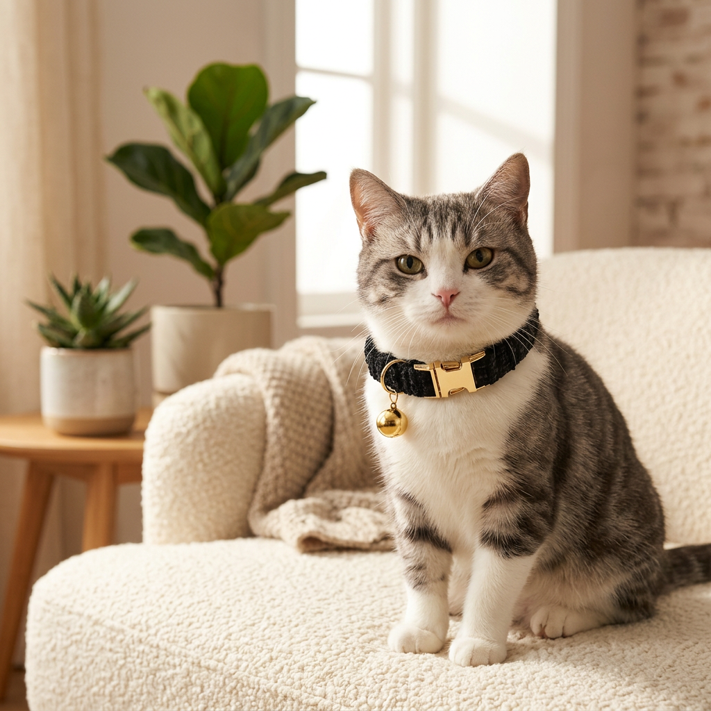 L Size Black Chic Tweed Pet Collar - Polyester with Gold Bell and Adjustable Buckle - Soft Lightweight Neckwear for Cats and Small Dogs, 20-32cm Fit