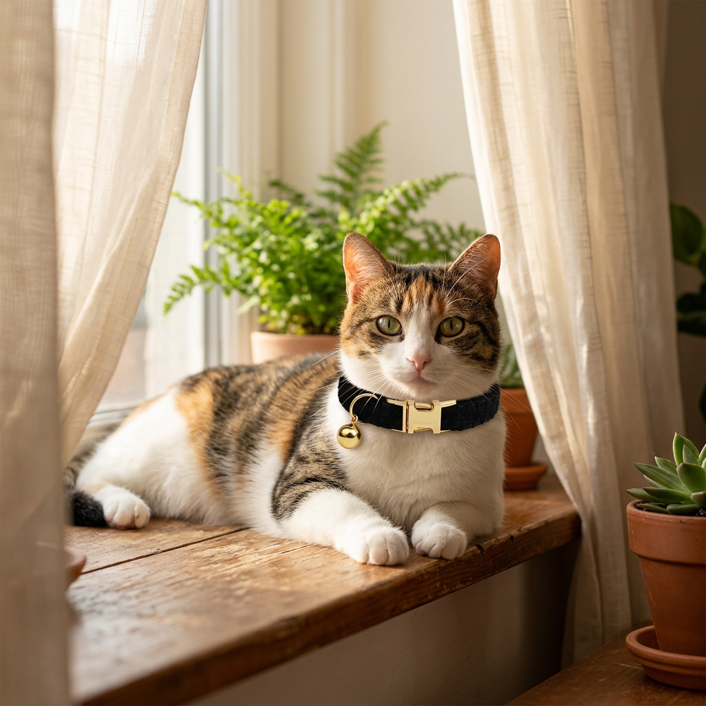 L Size Black Chic Tweed Pet Collar - Polyester with Gold Bell and Adjustable Buckle - Soft Lightweight Neckwear for Cats and Small Dogs, 20-32cm Fit