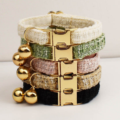 L Size Black Chic Tweed Pet Collar - Polyester with Gold Bell and Adjustable Buckle - Soft Lightweight Neckwear for Cats and Small Dogs, 20-32cm Fit