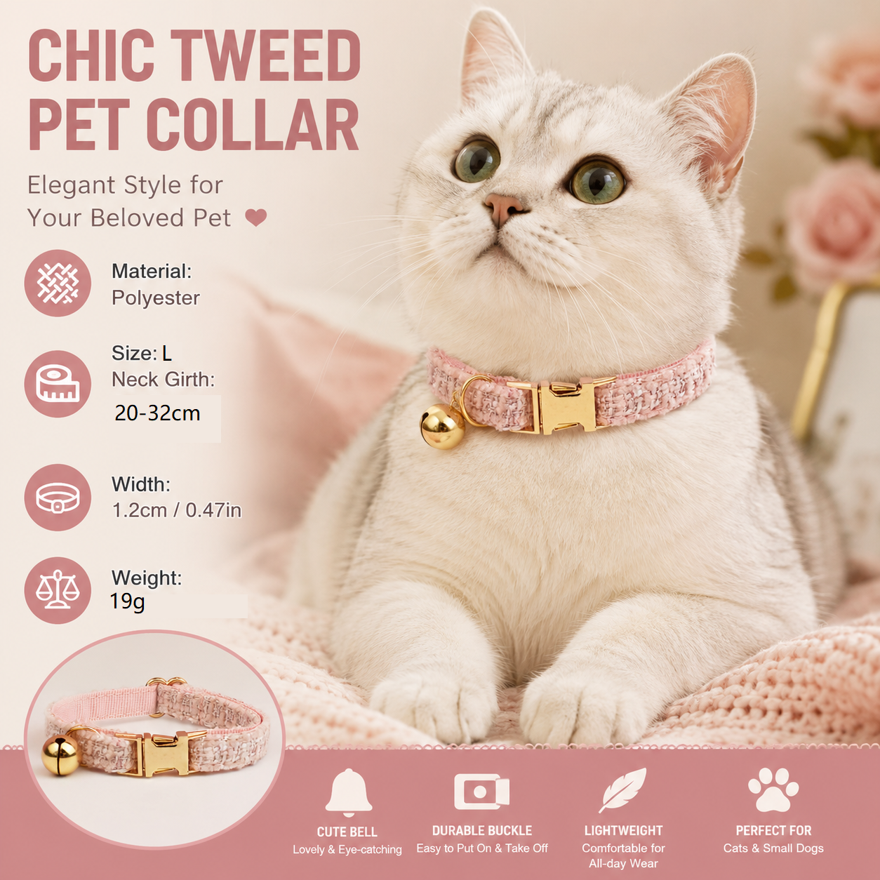 L Size Pink Chic Tweed Pet Collar - Polyester with Gold Bell and Adjustable Buckle - Soft Lightweight Neckwear for Cats and Small Dogs, 20-32cm Fit