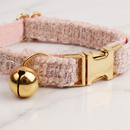 L Size Pink Chic Tweed Pet Collar - Polyester with Gold Bell and Adjustable Buckle - Soft Lightweight Neckwear for Cats and Small Dogs, 20-32cm Fit