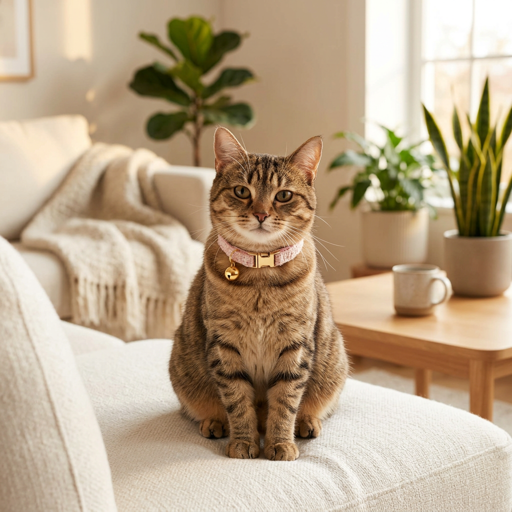 L Size Pink Chic Tweed Pet Collar - Polyester with Gold Bell and Adjustable Buckle - Soft Lightweight Neckwear for Cats and Small Dogs, 20-32cm Fit