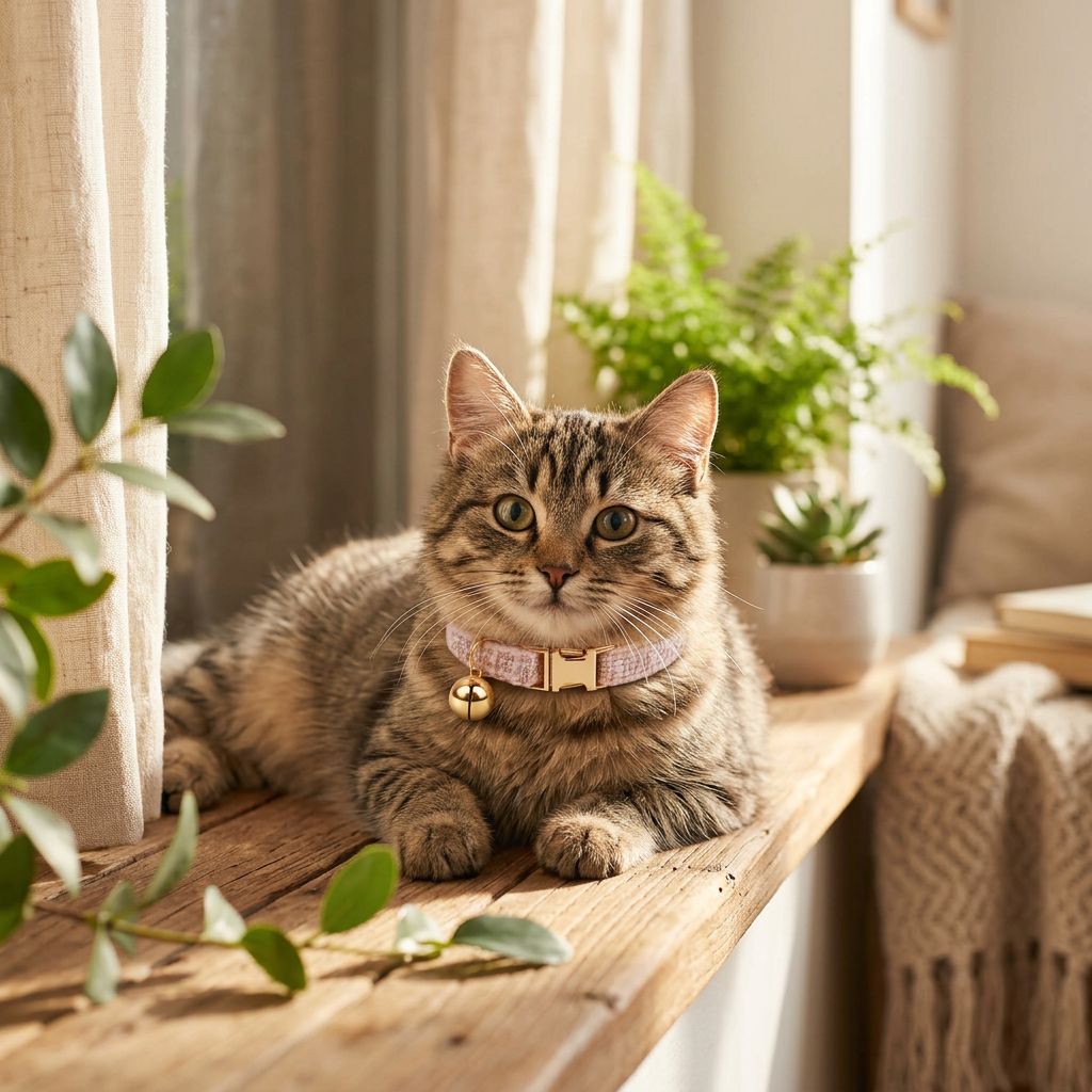 L Size Pink Chic Tweed Pet Collar - Polyester with Gold Bell and Adjustable Buckle - Soft Lightweight Neckwear for Cats and Small Dogs, 20-32cm Fit