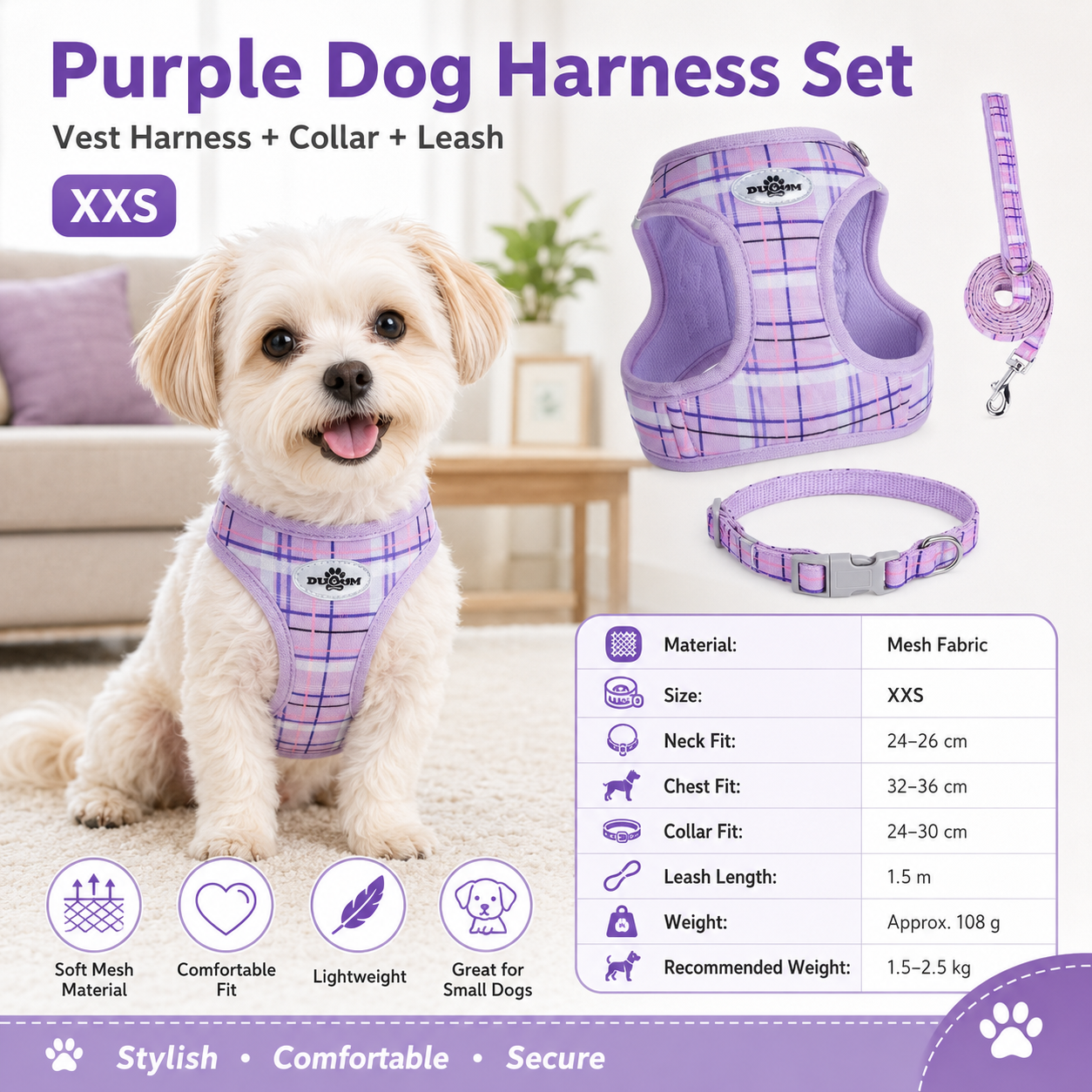 XXS Size Purple Classic Plaid Dog Harness Set- Breathable Mesh Vest and Adjustable Collar,WIith 1.5m Lead for pet, Anti-Pull Design