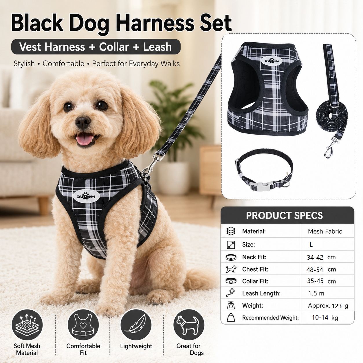 L Size Black Classic Plaid Dog Harness Set- Breathable Mesh Vest and Adjustable Collar,WIith 1.5m Lead for pet, Anti-Pull Design