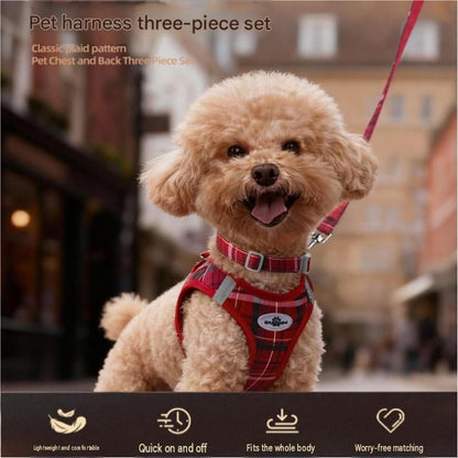 L Size Black Classic Plaid Dog Harness Set- Breathable Mesh Vest and Adjustable Collar,WIith 1.5m Lead for pet, Anti-Pull Design