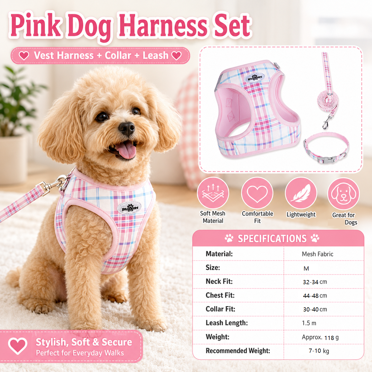 M Size Pink Classic Plaid Dog Harness Set- Breathable Mesh Vest and Adjustable Collar,WIith 1.5m Lead for pet, Anti-Pull Design