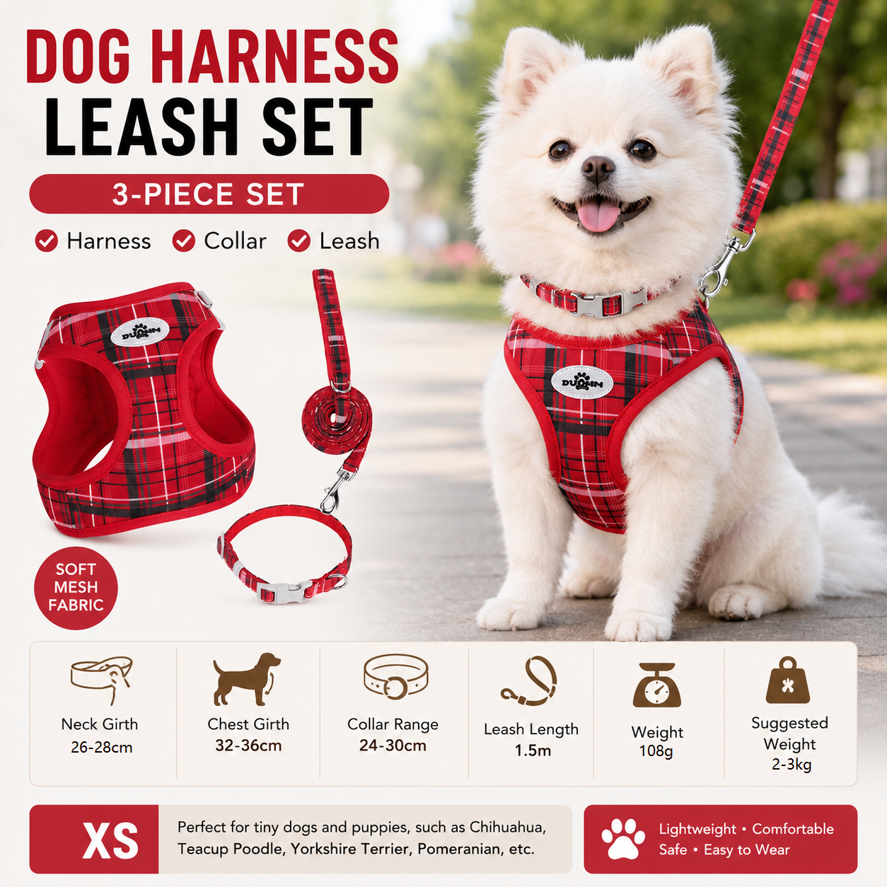 XS Size Red Classic Plaid Dog Harness Set- Breathable Mesh Vest and Adjustable Collar,WIith 1.5m Lead for pet, Anti-Pull Design
