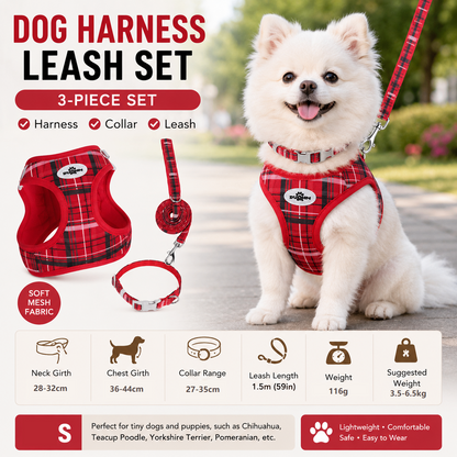 S Size Red Classic Plaid Dog Harness Set- Breathable Mesh Vest and Adjustable Collar,WIith 1.5m Lead for pet, Anti-Pull Design