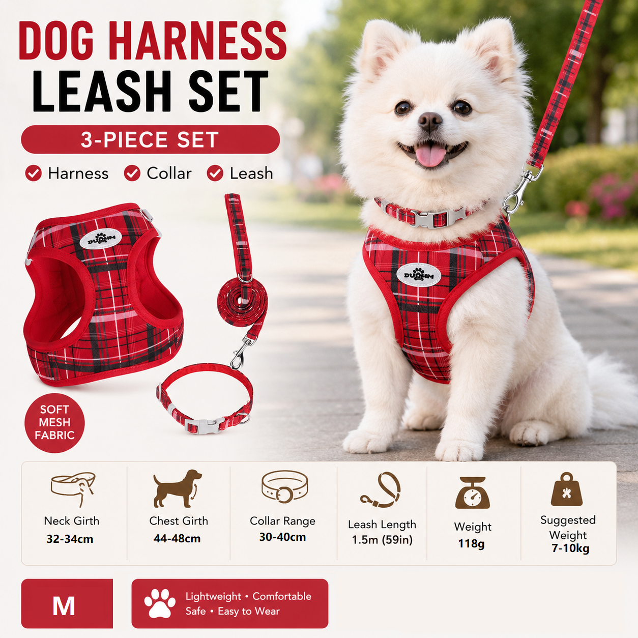 M Size Red Classic Plaid Dog Harness Set- Breathable Mesh Vest and Adjustable Collar,WIith 1.5m Lead for pet, Anti-Pull Design