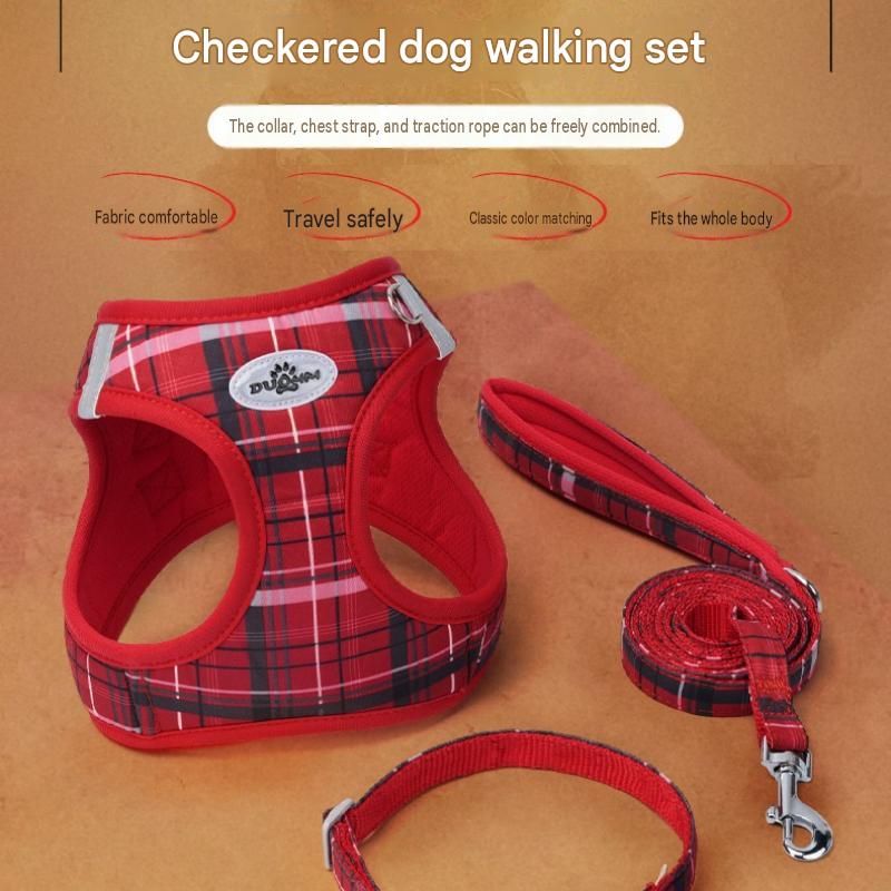 L Size Red Classic Plaid Dog Harness Set- Breathable Mesh Vest and Adjustable Collar,WIith 1.5m Lead for pet, Anti-Pull Design