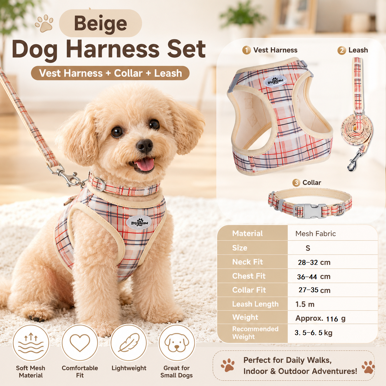 S Size Beige Classic Plaid Dog Harness Set- Breathable Mesh Vest and Adjustable Collar,WIith 1.5m Lead for pet, Anti-Pull Design