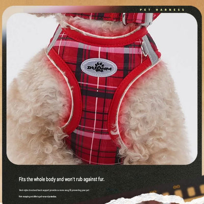 S Size Beige Classic Plaid Dog Harness Set- Breathable Mesh Vest and Adjustable Collar,WIith 1.5m Lead for pet, Anti-Pull Design