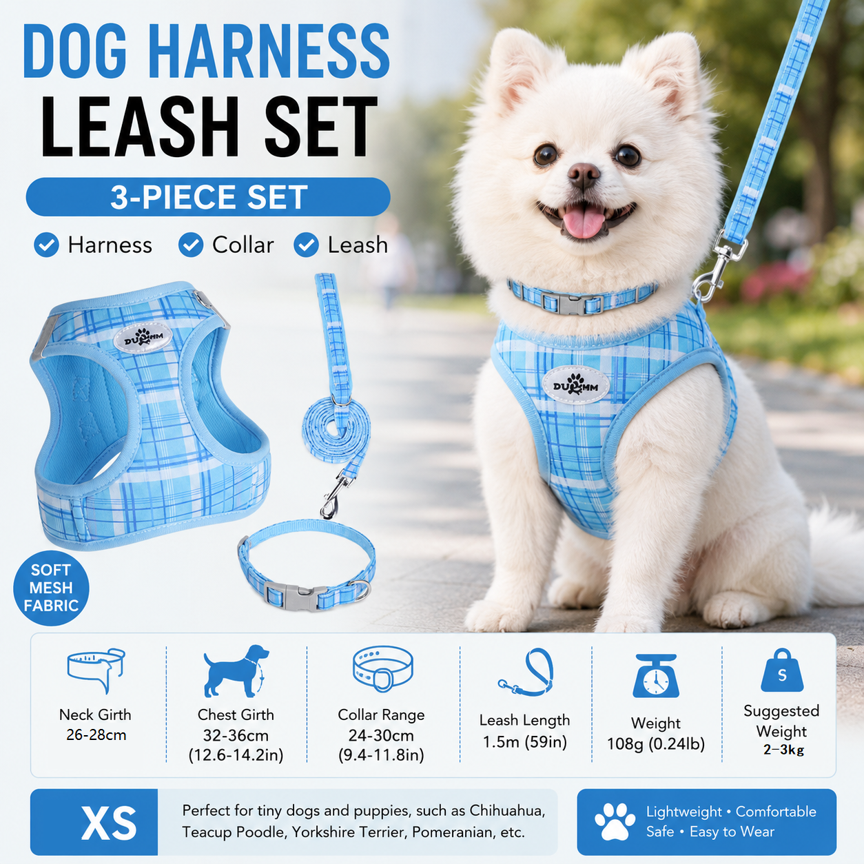XS Size Blue Classic Plaid Dog Harness Set- Breathable Mesh Vest and Adjustable Collar,WIith 1.5m Lead for pet, Anti-Pull Design