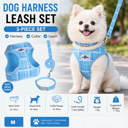M Size Blue Classic Plaid Dog Harness Set- Breathable Mesh Vest and Adjustable Collar,WIith 1.5m Lead for pet, Anti-Pull Design
