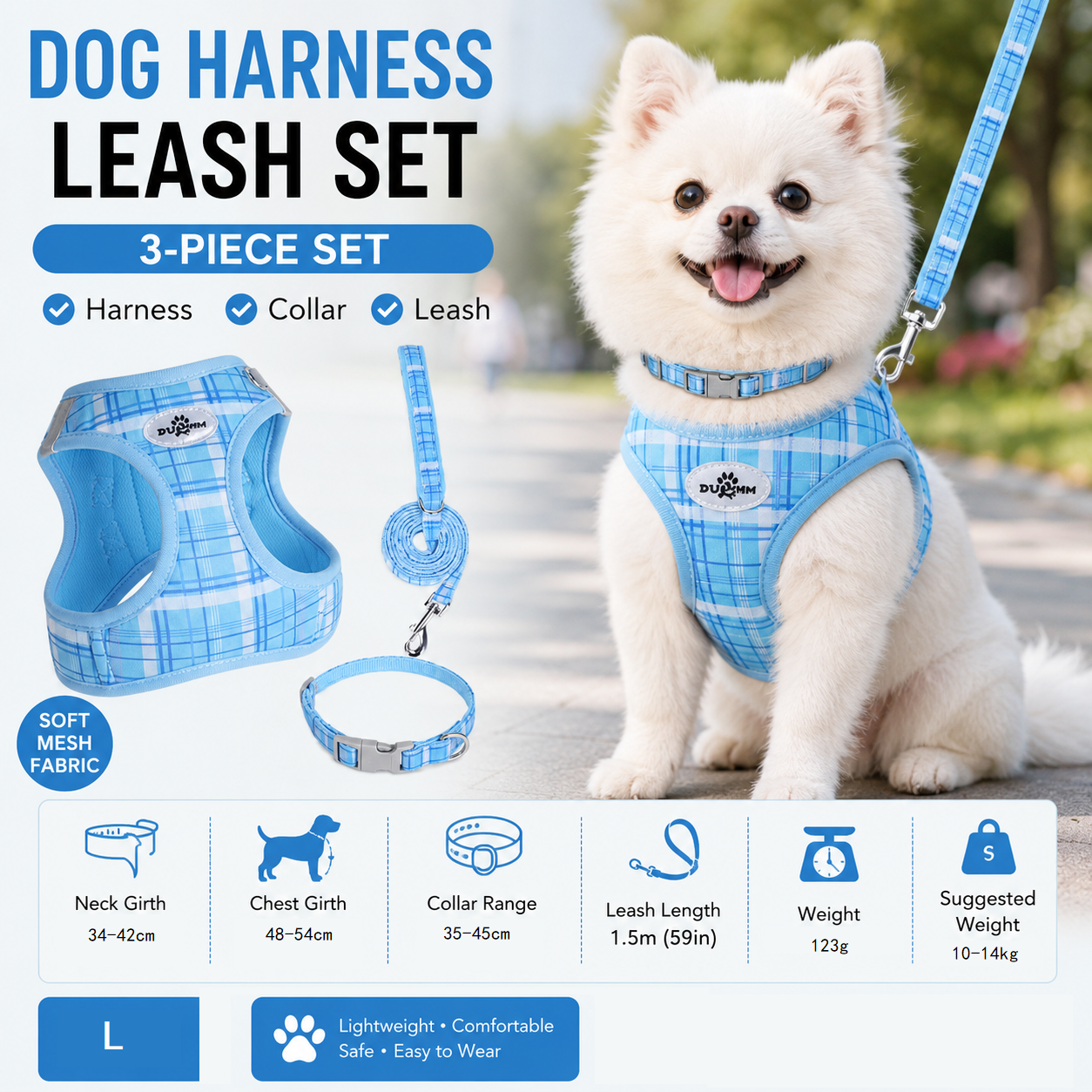 L Size Blue Classic Plaid Dog Harness Set- Breathable Mesh Vest and Adjustable Collar,WIith 1.5m Lead for pet, Anti-Pull Design