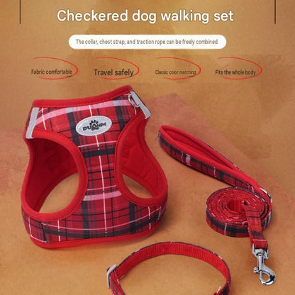 L Size Blue Classic Plaid Dog Harness Set- Breathable Mesh Vest and Adjustable Collar,WIith 1.5m Lead for pet, Anti-Pull Design