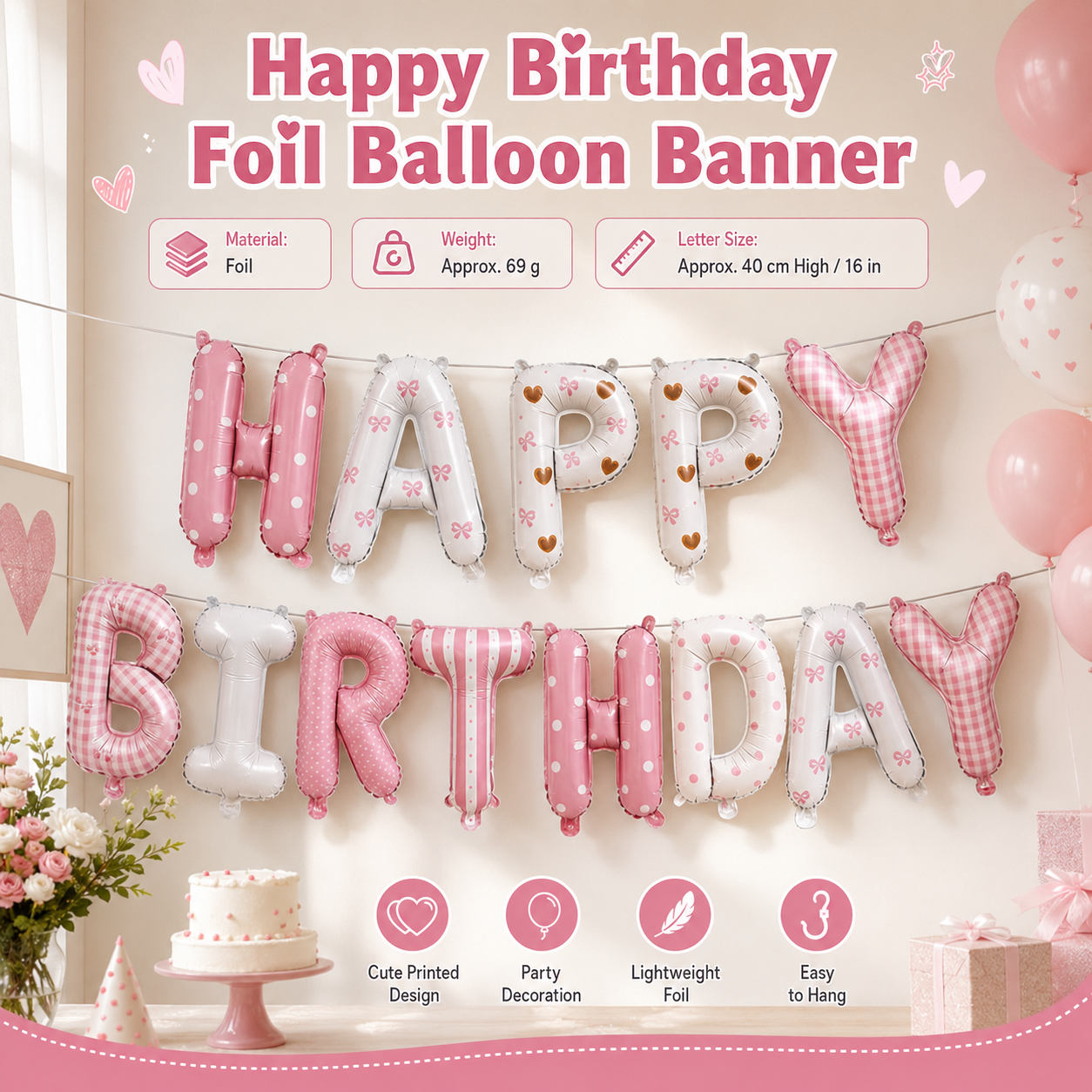 Pink Happy Birthday Foil Letter Balloon Banner - 16 Inch Letters, Lightweight Party Decoration for Wall Displays, Photo Backdrops and Birthday Celebrations