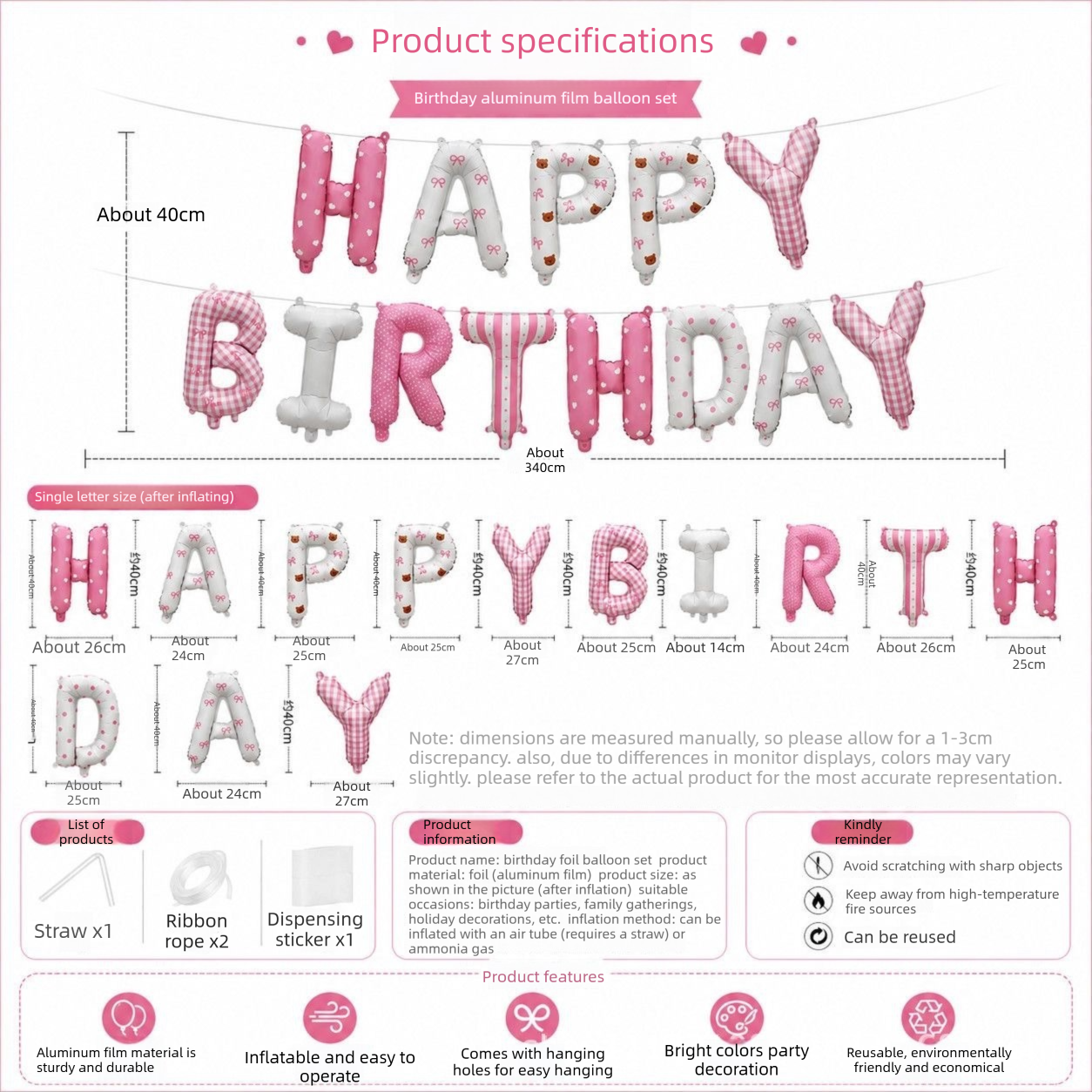 Pink Happy Birthday Foil Letter Balloon Banner - 16 Inch Letters, Lightweight Party Decoration for Wall Displays, Photo Backdrops and Birthday Celebrations