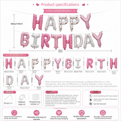 Pink Happy Birthday Foil Letter Balloon Banner - 16 Inch Letters, Lightweight Party Decoration for Wall Displays, Photo Backdrops and Birthday Celebrations