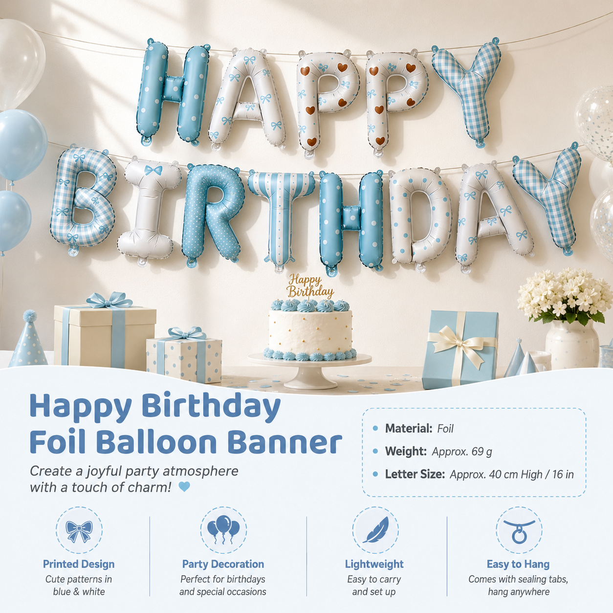 Blue Happy Birthday Foil Letter Balloon Banner - 16 Inch Letters, Lightweight Party Decoration for Wall Displays, Photo Backdrops and Birthday Celebrations