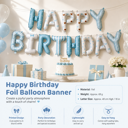 Blue Happy Birthday Foil Letter Balloon Banner - 16 Inch Letters, Lightweight Party Decoration for Wall Displays, Photo Backdrops and Birthday Celebrations