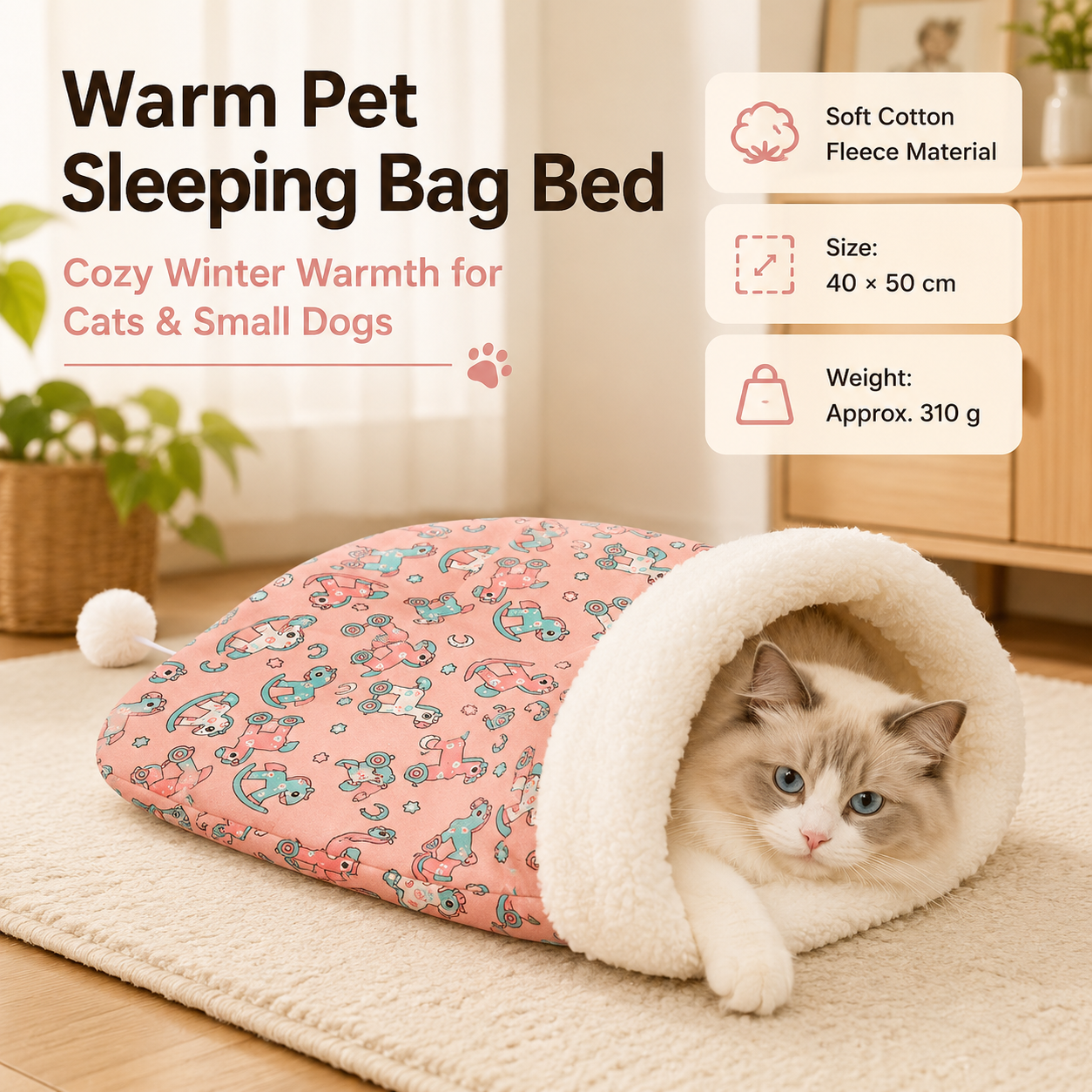 Cat Sleeping Bag Bed - Pink Cotton Plush 40 x 50 cm - Warm Burrowing Cave Mat, Lightweight Cosy Hideaway for Cats and Small Dogs