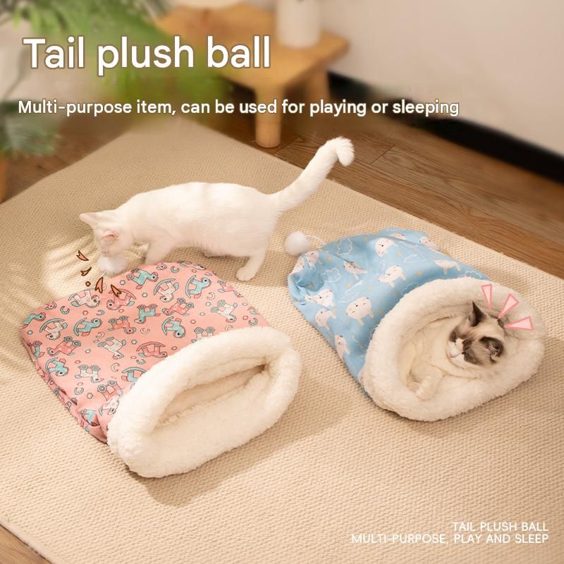 Cat Sleeping Bag Bed - Pink Cotton Plush 40 x 50 cm - Warm Burrowing Cave Mat, Lightweight Cosy Hideaway for Cats and Small Dogs