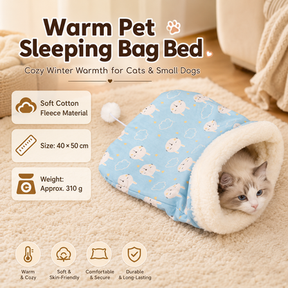 Cat Sleeping Bag - Blue Cotton Plush 40 x 50 cm Cosy Cave Bed with Wraparound Warmth, Soft Pet Nest for Indoor Cats and Small Dogs