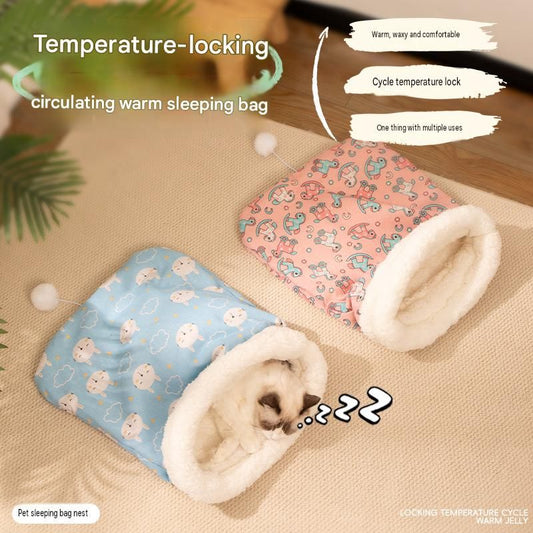 Cat Sleeping Bag - Blue Cotton Plush 40 x 50 cm Cosy Cave Bed with Wraparound Warmth, Soft Pet Nest for Indoor Cats and Small Dogs