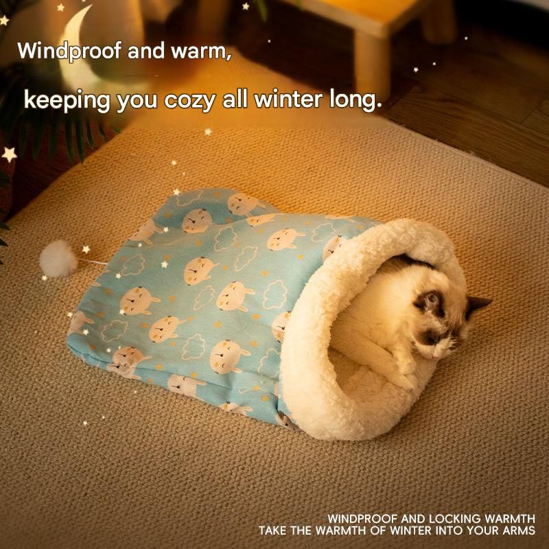 Cat Sleeping Bag - Blue Cotton Plush 40 x 50 cm Cosy Cave Bed with Wraparound Warmth, Soft Pet Nest for Indoor Cats and Small Dogs