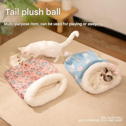 Cat Sleeping Bag - Blue Cotton Plush 40 x 50 cm Cosy Cave Bed with Wraparound Warmth, Soft Pet Nest for Indoor Cats and Small Dogs