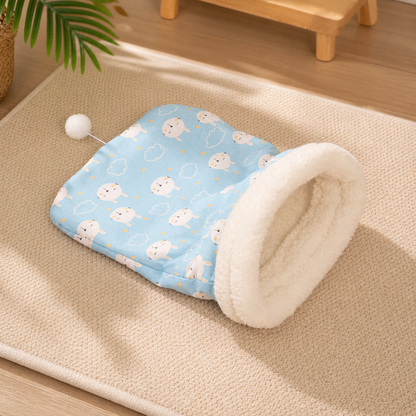 Cat Sleeping Bag - Blue Cotton Plush 40 x 50 cm Cosy Cave Bed with Wraparound Warmth, Soft Pet Nest for Indoor Cats and Small Dogs