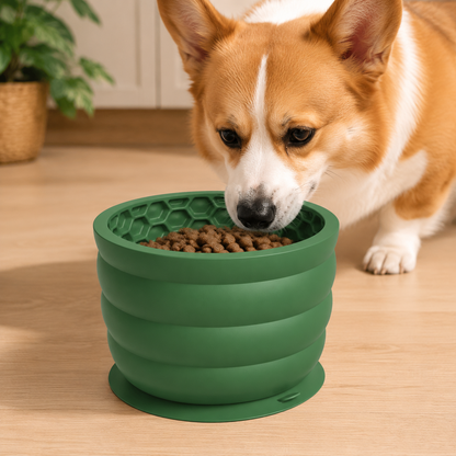 Silicone Slow Feeder Dog Bowl - Green 11.9*11.9*9.05cm  Anti Gulp Pet Bowl with Suction Base, Easy Clean Spill Resistant Design for Dogs and Cats