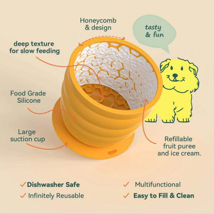 Silicone Slow Feeder Dog Bowl - Yellow 11.9*11.9*9.05cm Anti-Gulp Pet Bowl with Suction Base, Easy Clean Anti-Tip Design for Dogs and Cats