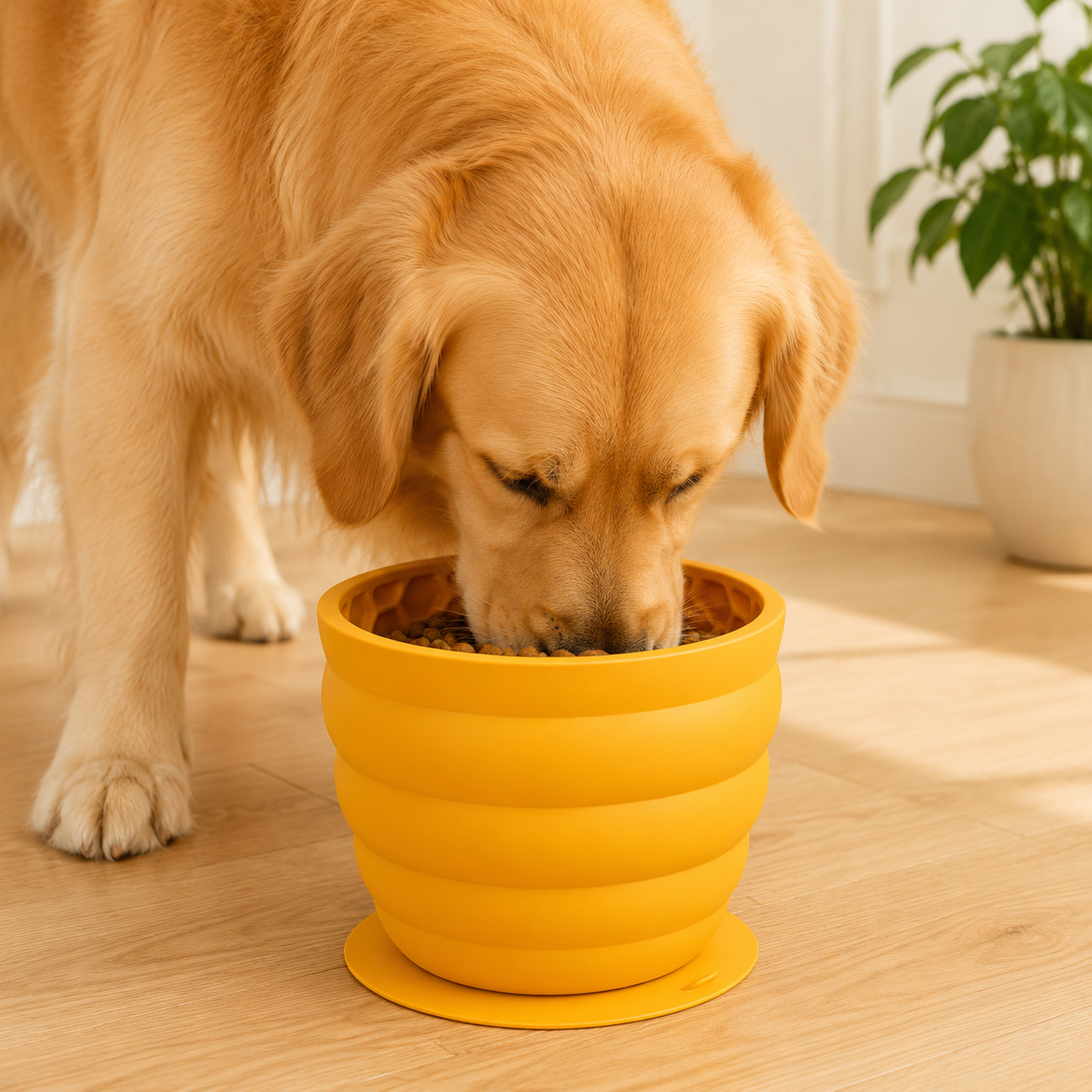 Silicone Slow Feeder Dog Bowl - Yellow 11.9*11.9*9.05cm Anti-Gulp Pet Bowl with Suction Base, Easy Clean Anti-Tip Design for Dogs and Cats