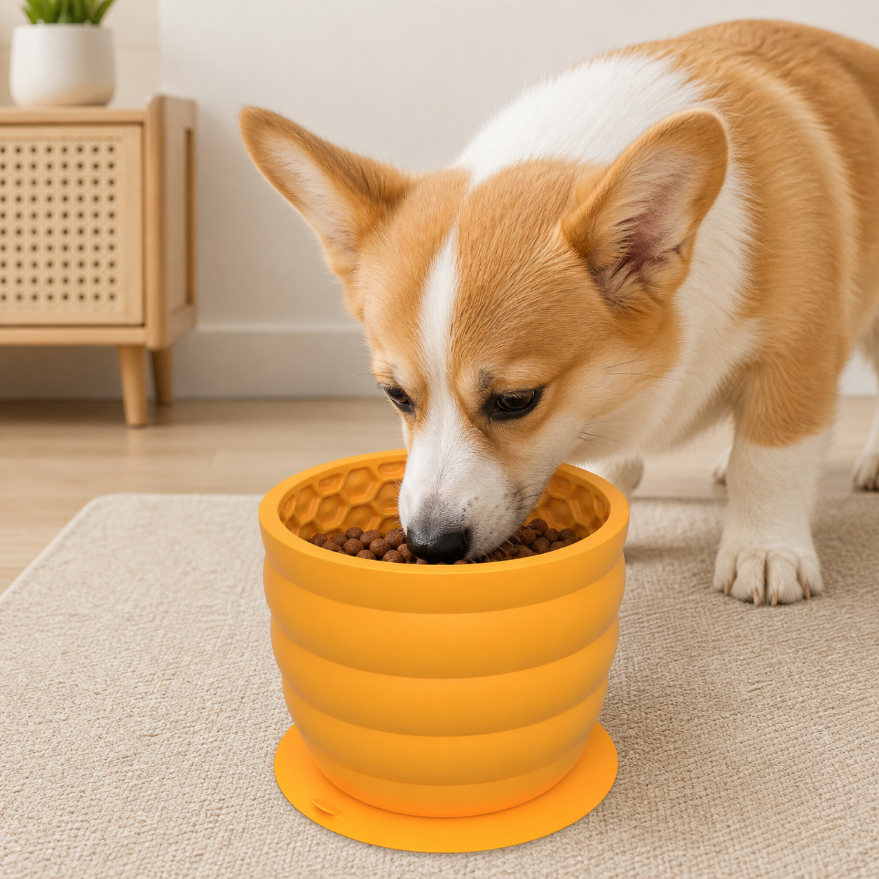 Silicone Slow Feeder Dog Bowl - Yellow 11.9*11.9*9.05cm Anti-Gulp Pet Bowl with Suction Base, Easy Clean Anti-Tip Design for Dogs and Cats