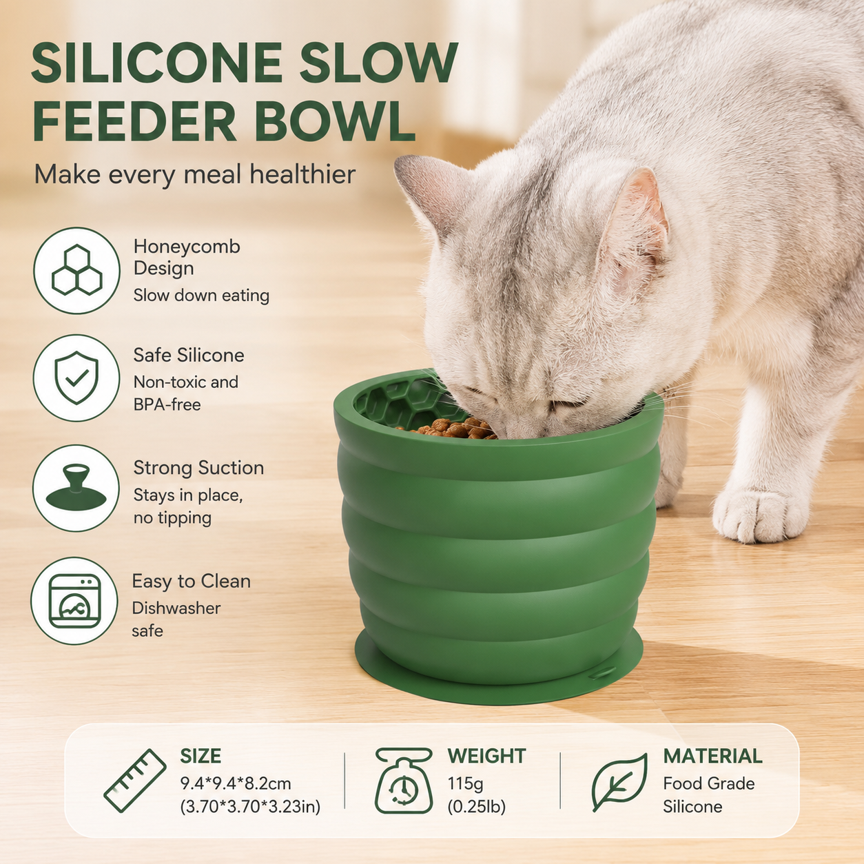 Silicone Slow Feeder Dog Bowl - Small Green 9.4 x 9.4 x 8.2 cm, Suction Base, Anti Gulp Design, Easy Clean Pet Bowl for Dogs and Cats
