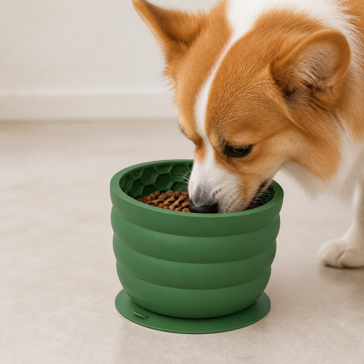 Silicone Slow Feeder Dog Bowl - Small Green 9.4 x 9.4 x 8.2 cm, Suction Base, Anti Gulp Design, Easy Clean Pet Bowl for Dogs and Cats