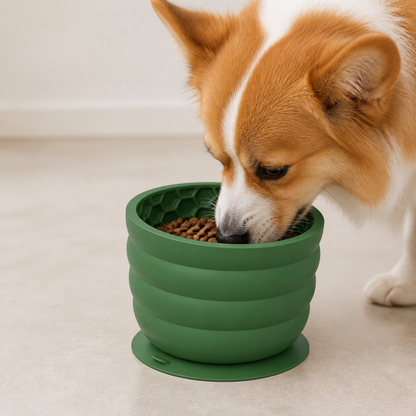 Silicone Slow Feeder Dog Bowl - Small Green 9.4 x 9.4 x 8.2 cm, Suction Base, Anti Gulp Design, Easy Clean Pet Bowl for Dogs and Cats