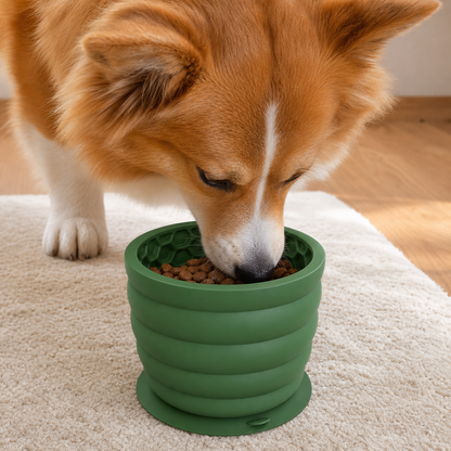Silicone Slow Feeder Dog Bowl - Small Green 9.4 x 9.4 x 8.2 cm, Suction Base, Anti Gulp Design, Easy Clean Pet Bowl for Dogs and Cats