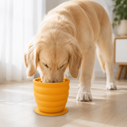 Silicone Slow Feeder Dog Bowl - Small Yellow 9.4 x 9.4 x 8.2 cm, Suction Base, Anti Gulp Design, Easy Clean Pet Bowl for Dogs and Cats