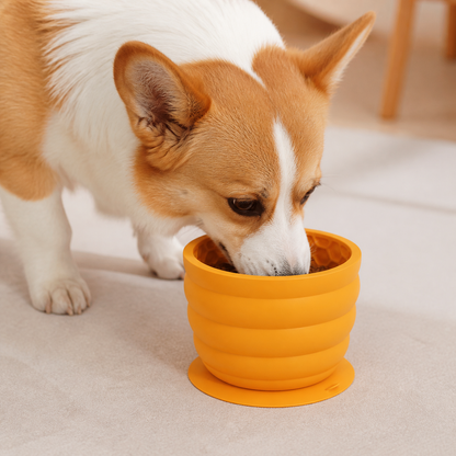 Silicone Slow Feeder Dog Bowl - Small Yellow 9.4 x 9.4 x 8.2 cm, Suction Base, Anti Gulp Design, Easy Clean Pet Bowl for Dogs and Cats