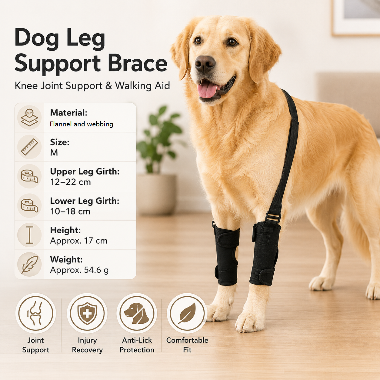 M  Size Dog Knee Brace and Leg Support Sleeve - Protective Wrap, Lightweight Anti Licking Cover for Walking and Supervised Daily Pet Care
